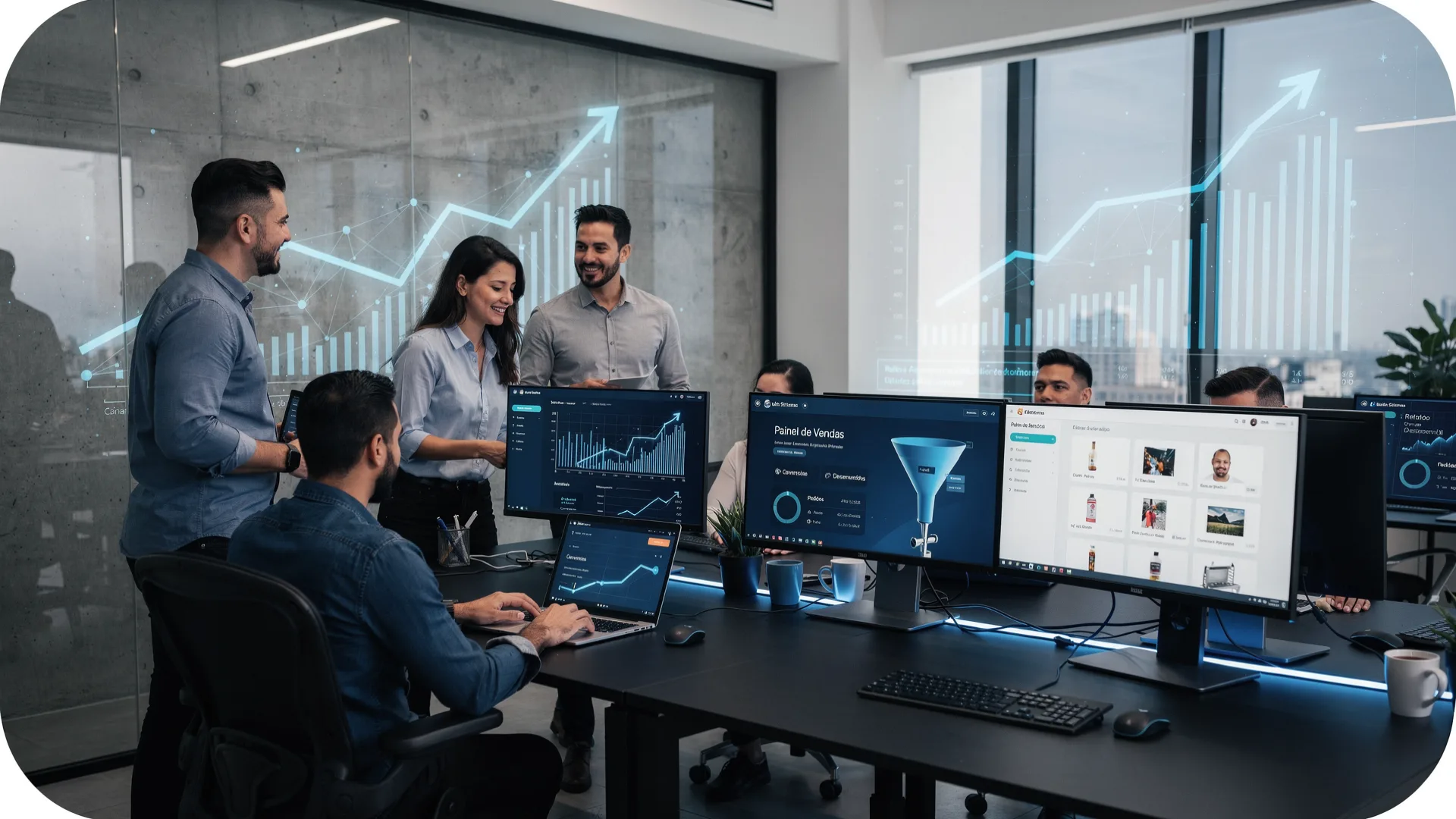 Equipe da Brain Sistemas colaborando em ambiente de trabalho moderno