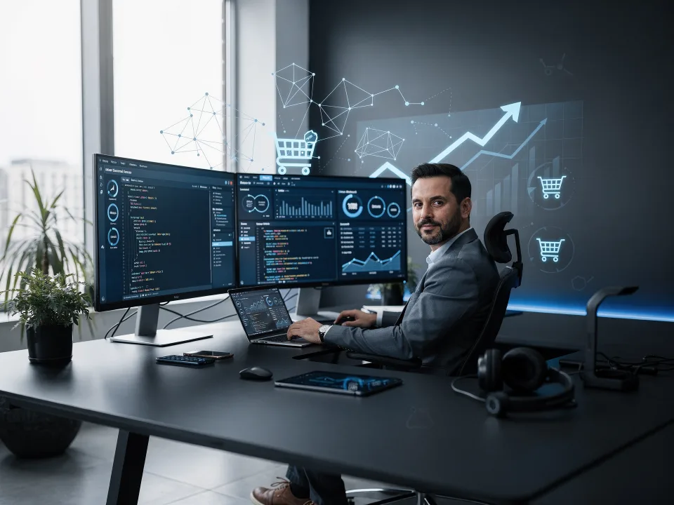 Profissional trabalhando em ambiente de desenvolvimento web moderno