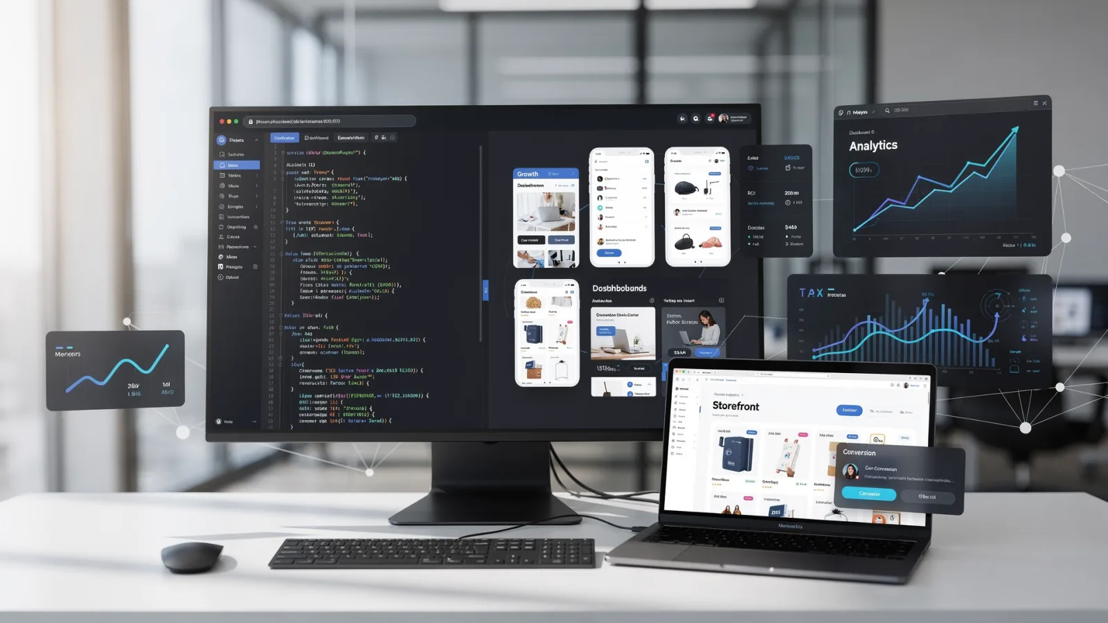 Ambiente de trabalho digital moderno com telas e código