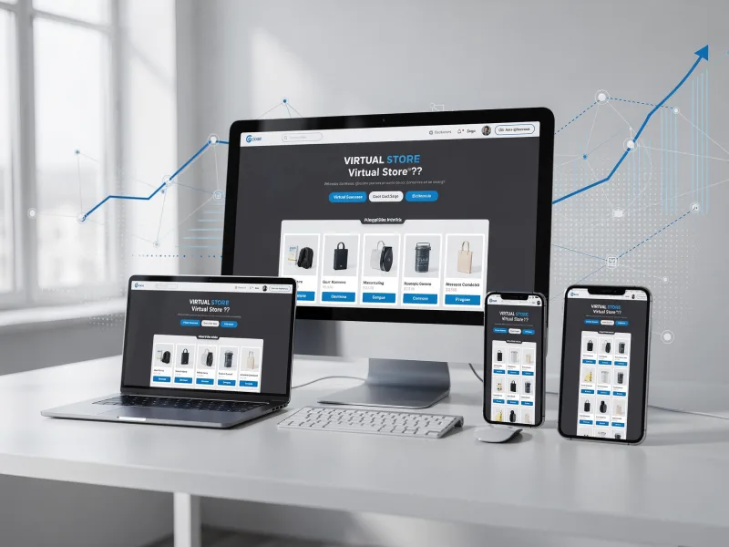Loja virtual moderna exibindo produtos em dispositivos móveis e desktop