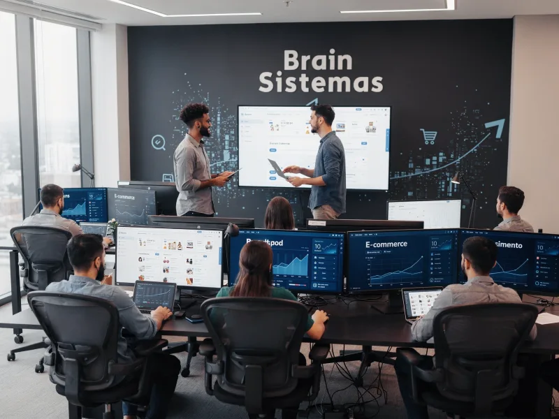 Escritório moderno da Brain Sistemas com monitores e equipe trabalhando